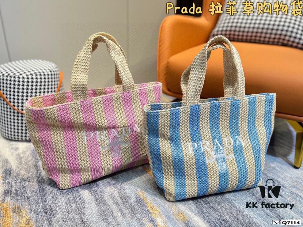 Prada Woven Straw Letter Bag in Black, Beige, Pink, Blue - Vacation Style Cute Handheld Bag with Triangular Logo