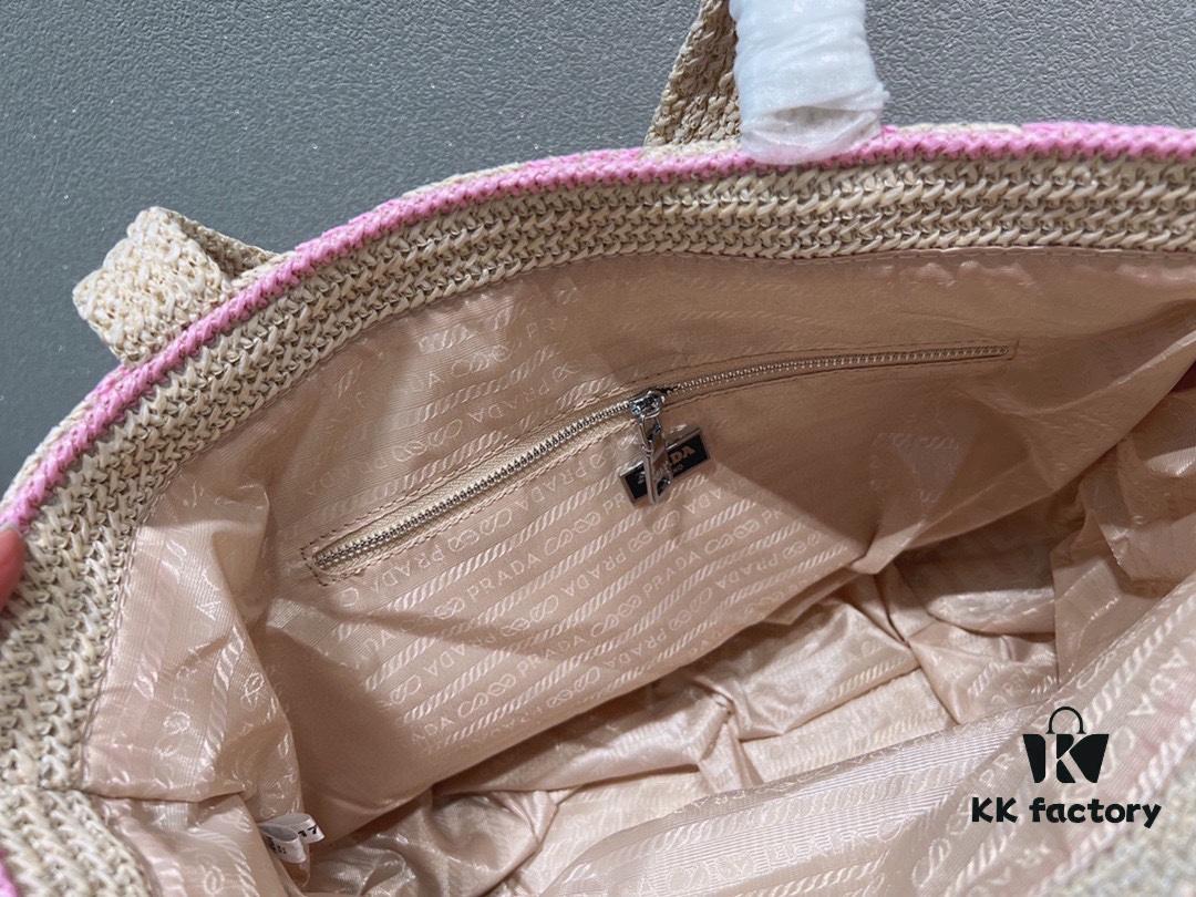 Prada Woven Straw Letter Bag in Black, Beige, Pink, Blue - Vacation Style Cute Handheld Bag with Triangular Logo