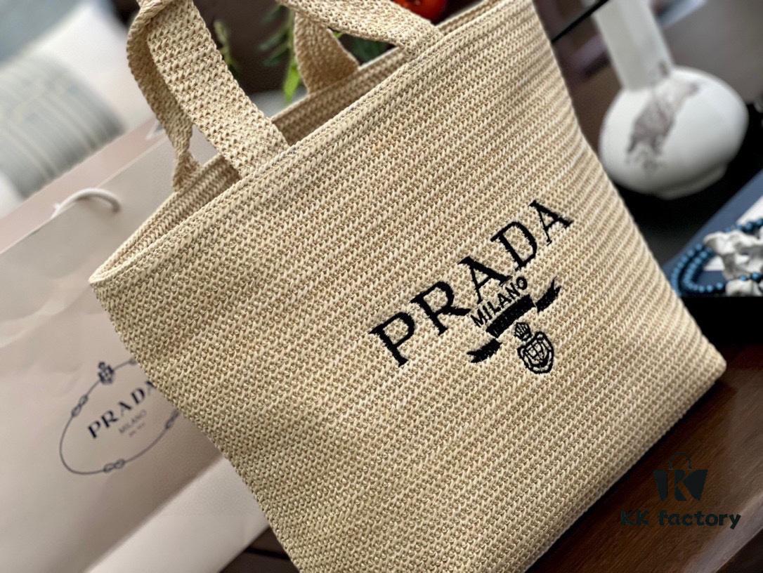 Prada Rattan Woven Bag in Black, Beige, Pink, Blue - Vacation Style Cute Handbag with Triangular Logo