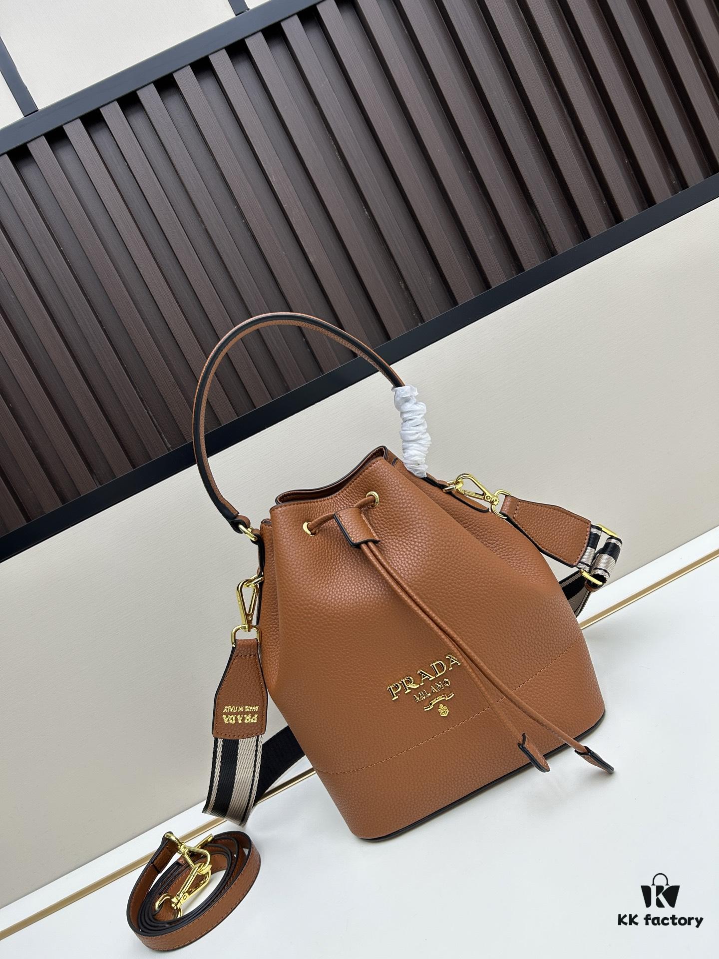 Prada New Arrival, Calfskin Leather with Pebbled Texture, Comes with Two Straps - One Leather and One Colorful Woven Strap, Stylish and Versatile for Handheld or Crossbody Wear