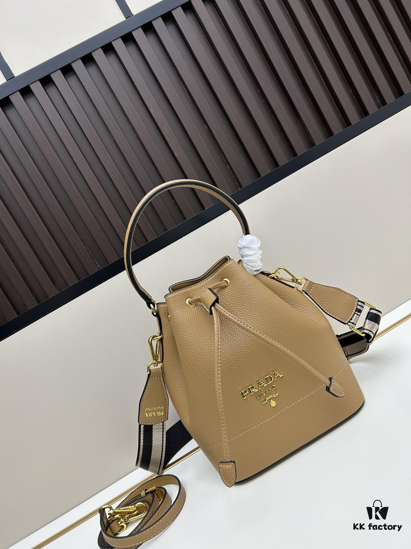 Prada New Arrival, Calfskin Leather with Pebbled Texture, Comes with Two Straps - One Leather and One Colorful Woven Strap, Stylish and Versatile for Handheld or Crossbody Wear