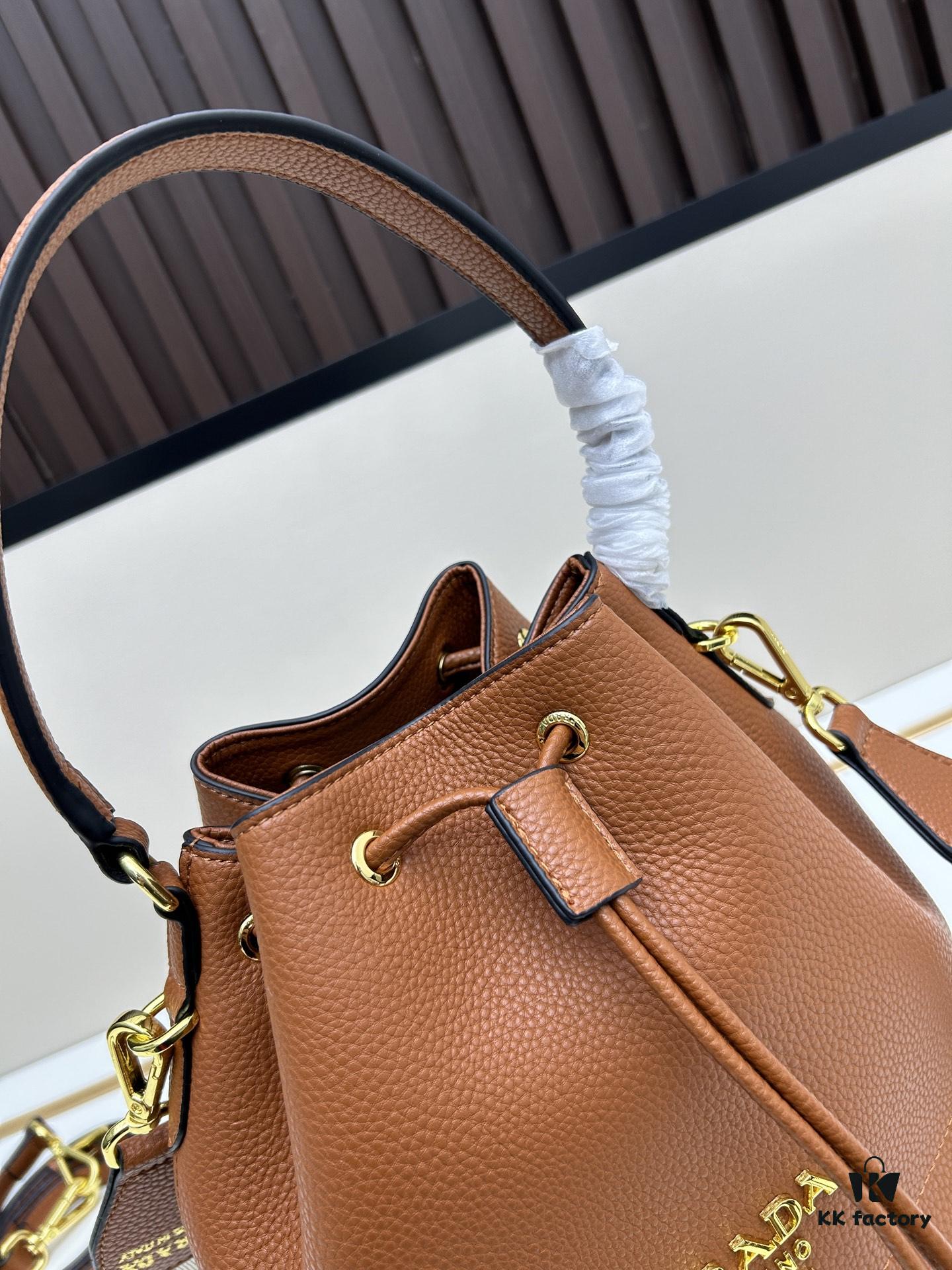 Prada New Arrival, Calfskin Leather with Pebbled Texture, Comes with Two Shoulder Straps – One Leather Strap and One Colorful Woven Strap for Stylish Versatility