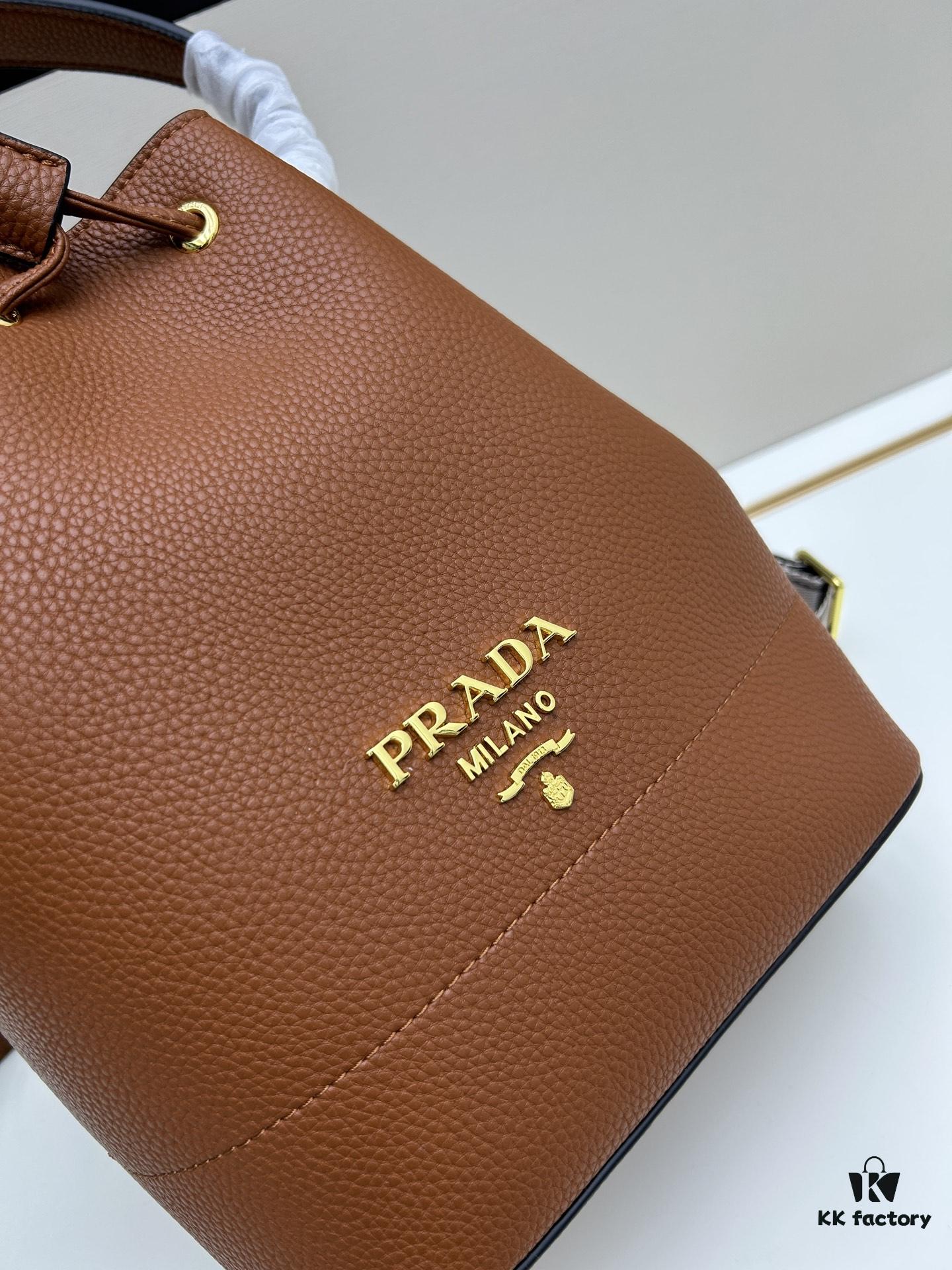 Prada New Arrival, Calfskin Leather with Pebbled Texture, Comes with Two Shoulder Straps – One Leather Strap and One Colorful Woven Strap for Stylish Versatility