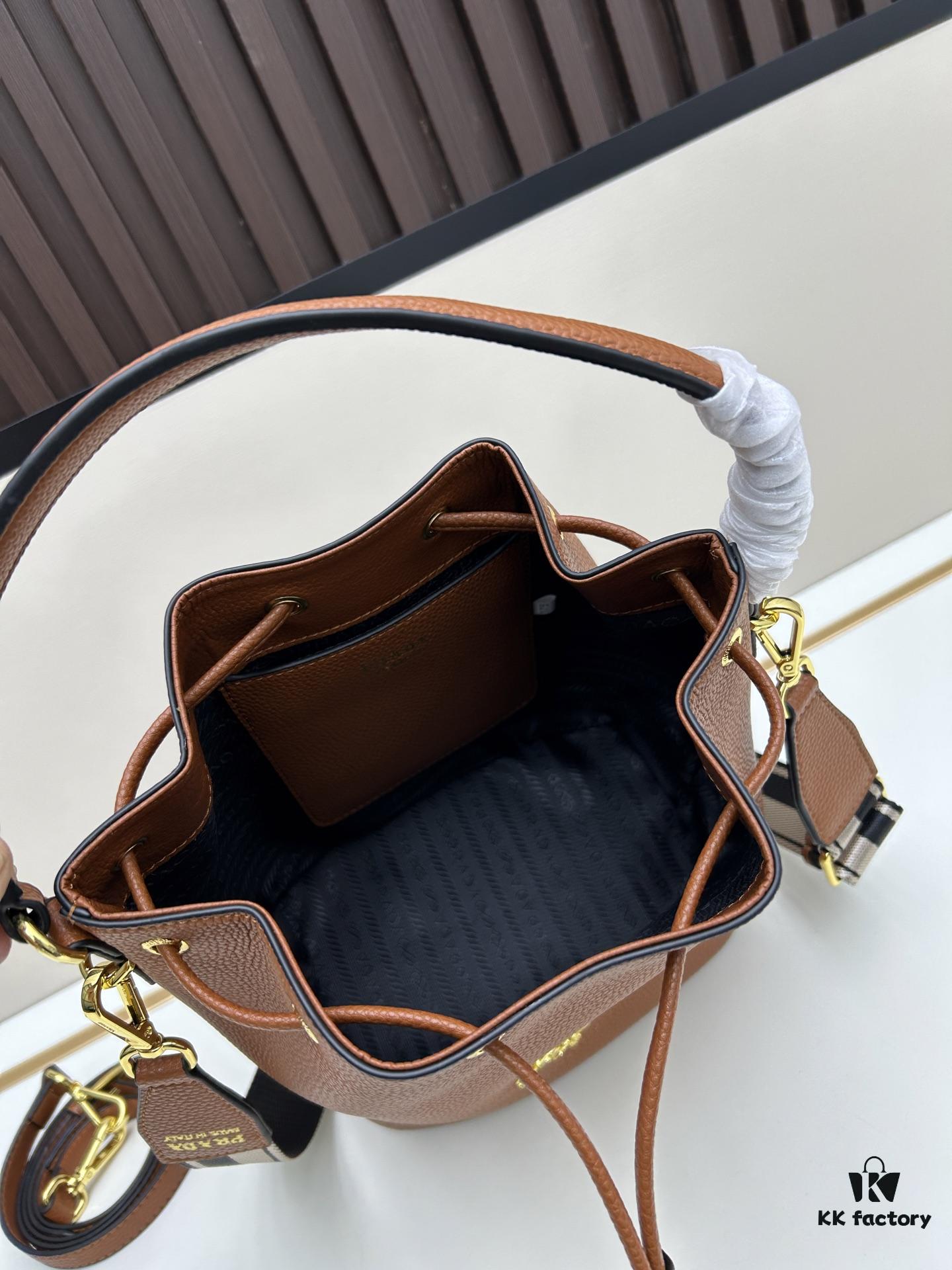 Prada New Arrival, Calfskin Leather with Pebbled Texture, Comes with Two Shoulder Straps – One Leather Strap and One Colorful Woven Strap for Stylish Versatility