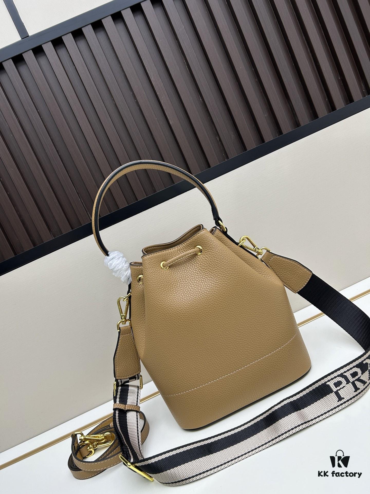 Prada New Arrival, Calfskin with Lychee Texture, Dual Strap Design, Leather and Colorful Woven Strap, Stylish and Practical Top Handle Crossbody Bag