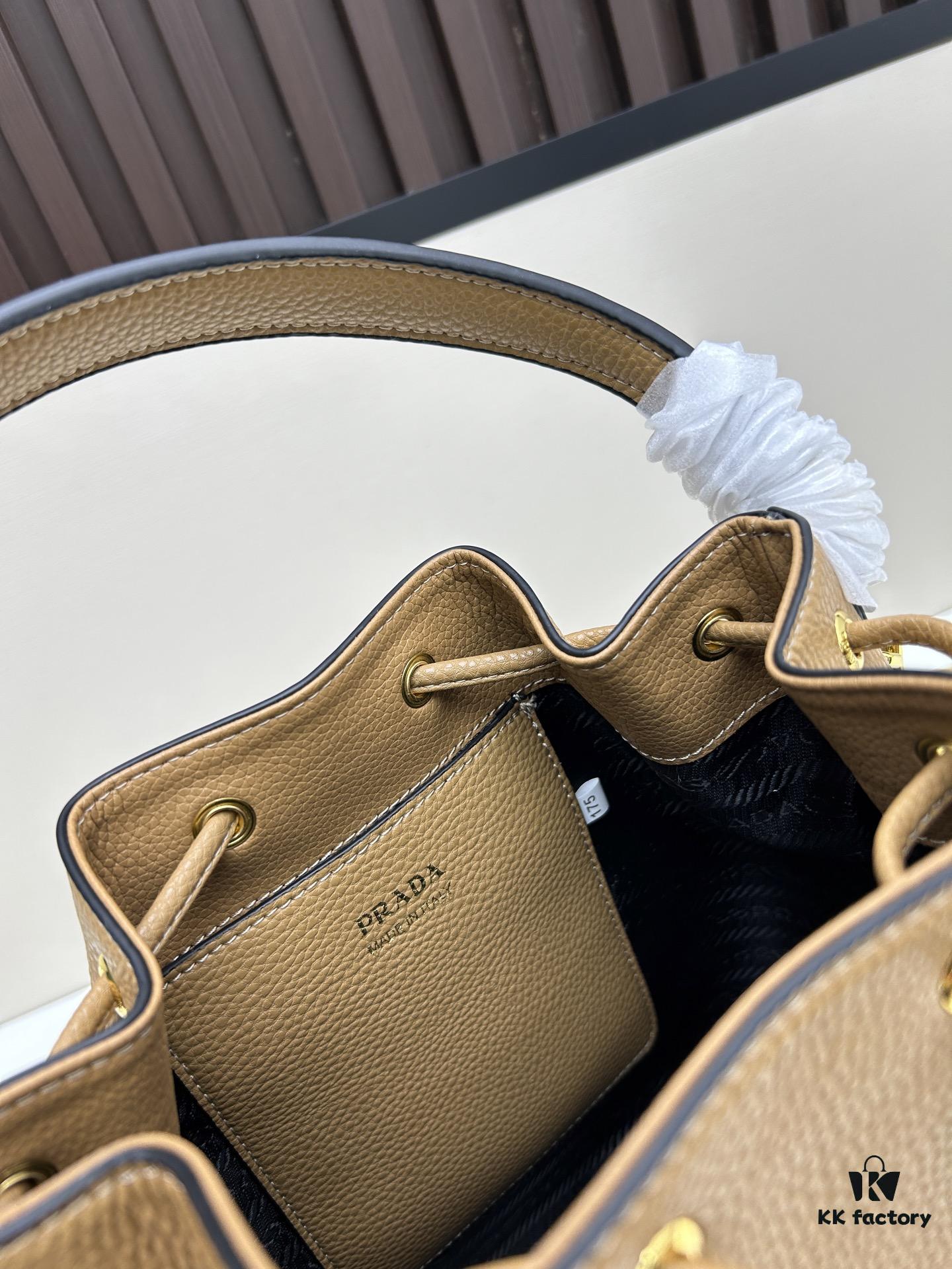 Prada New Arrival, Calfskin with Lychee Texture, Dual Strap Design, Leather and Colorful Woven Strap, Stylish and Practical Top Handle Crossbody Bag