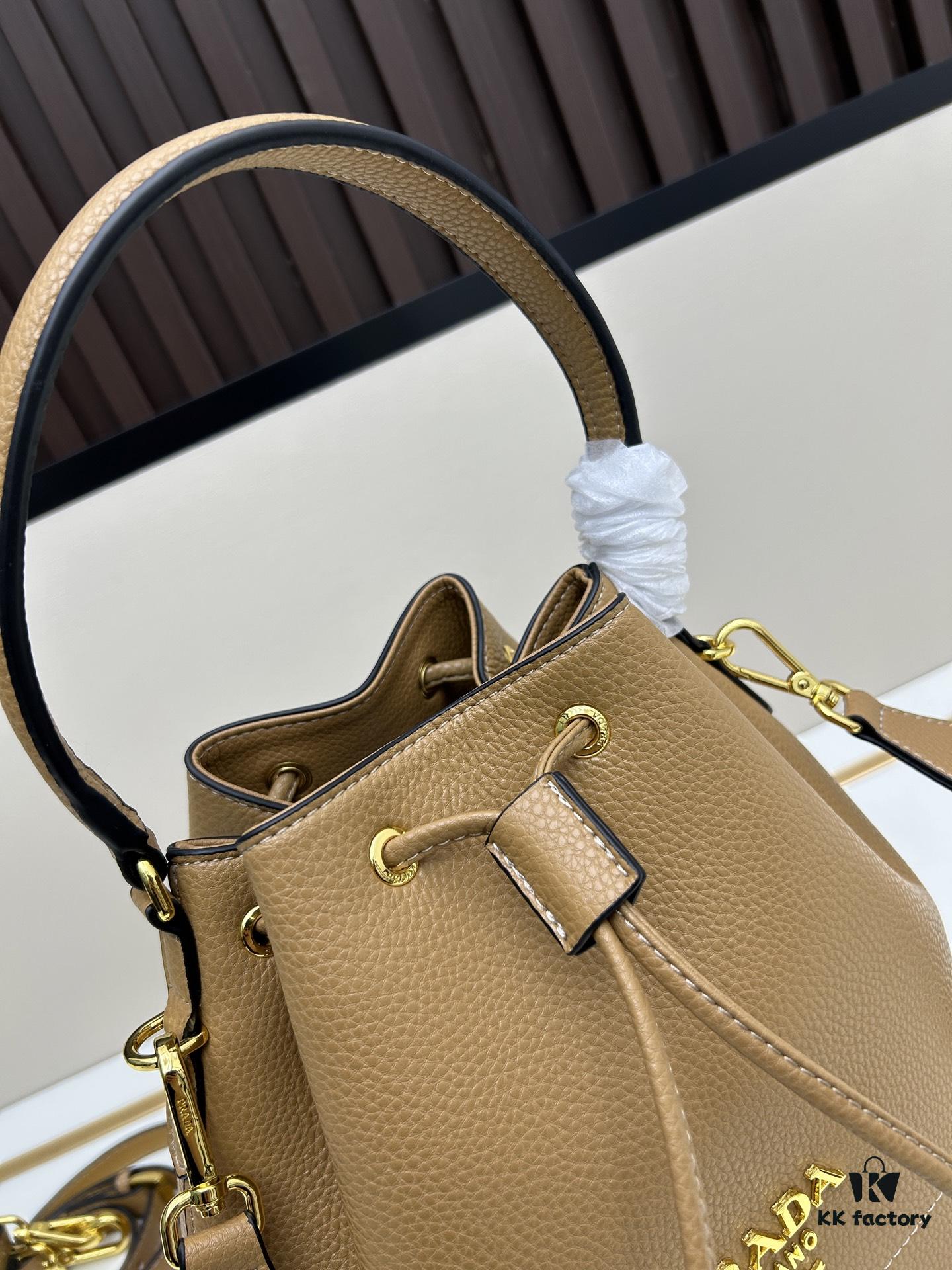 Prada New Arrival, Calfskin with Lychee Texture, Dual Strap Design, Leather and Colorful Woven Strap, Stylish and Practical Top Handle Crossbody Bag