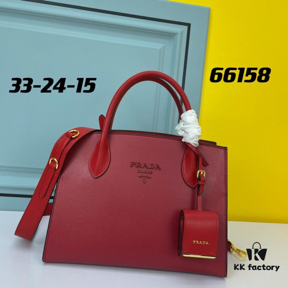High-Quality Counter Product PRADA #66158 Premium Imported Coarse Cross Cowhide with Calfskin, 175 OEM Code, Enamel Same-Color Logo Pendant, Classic and Uniquely Elegant