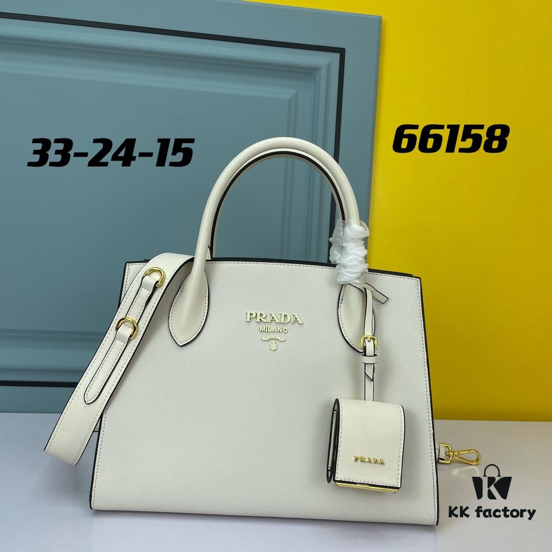 High-Quality Counter Product PRADA #66158 Premium Imported Coarse Cross Cowhide with Calfskin 175 OEM Code Enamel Same-Color Logo Pendant Classic and Unique Charm Fashionable and Elegant 33x24x15cm