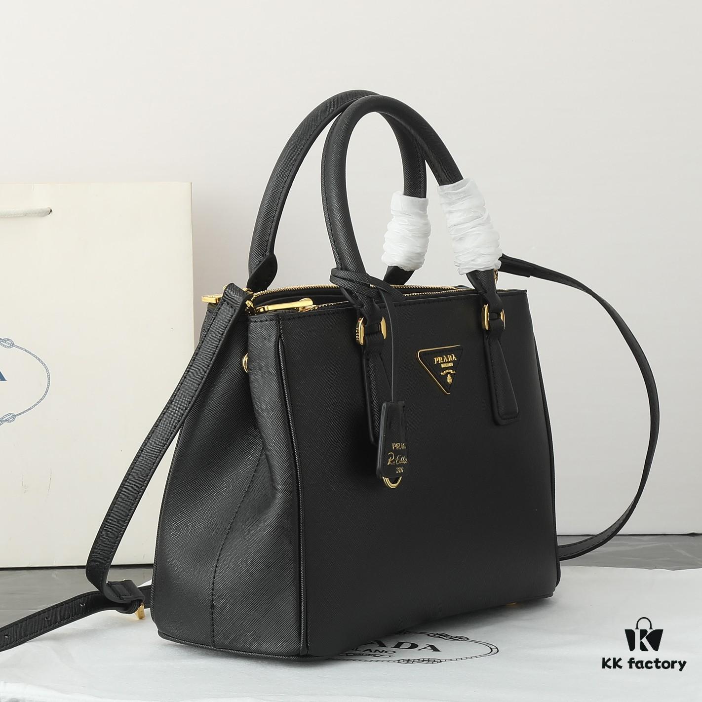 House Super Hot Killer Bag, Saffiano Leather, Dual Top Handles, Detachable Adjustable Leather Shoulder Strap, Gold-Tone Hardware, Triangle Logo with Metal Lettering on Leather, Snap Button Closure on Side, Two Outer Zip Pockets, Three Interior Pockets Including One with Zipper, Prada-Branded Lining