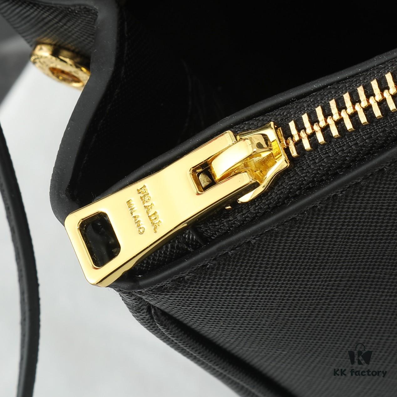 House Super Hot Killer Bag, Saffiano Leather, Dual Top Handles, Detachable Adjustable Leather Shoulder Strap, Gold-Tone Hardware, Triangle Logo with Metal Lettering on Leather, Snap Button Closure on Side, Two Outer Zip Pockets, Three Interior Pockets Including One with Zipper, Prada-Branded Lining