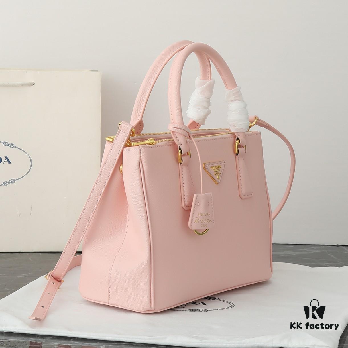 Model 1018 House Super Hot Killer Bag, Saffiano Leather with Dual Top Handles, Detachable Adjustable Leather Shoulder Strap, Gold-Tone Hardware, Metal Logo on Triangular Leather Patch, Snap Button Closure on Side, Two Zippered Outer Pockets, Three Interior Pockets Including One Zippered Compartment, Prada-Branded Lining