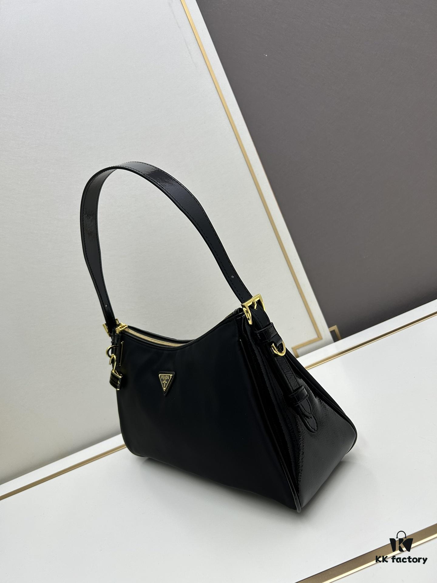 PRADA New Arrival Genuine Leather Crossbody Bag - Full Top-Grain Wrinkled Lacquer Cowhide & Suede, Enamel Triangle Logo, Adjustable Handle, Detachable Keychain