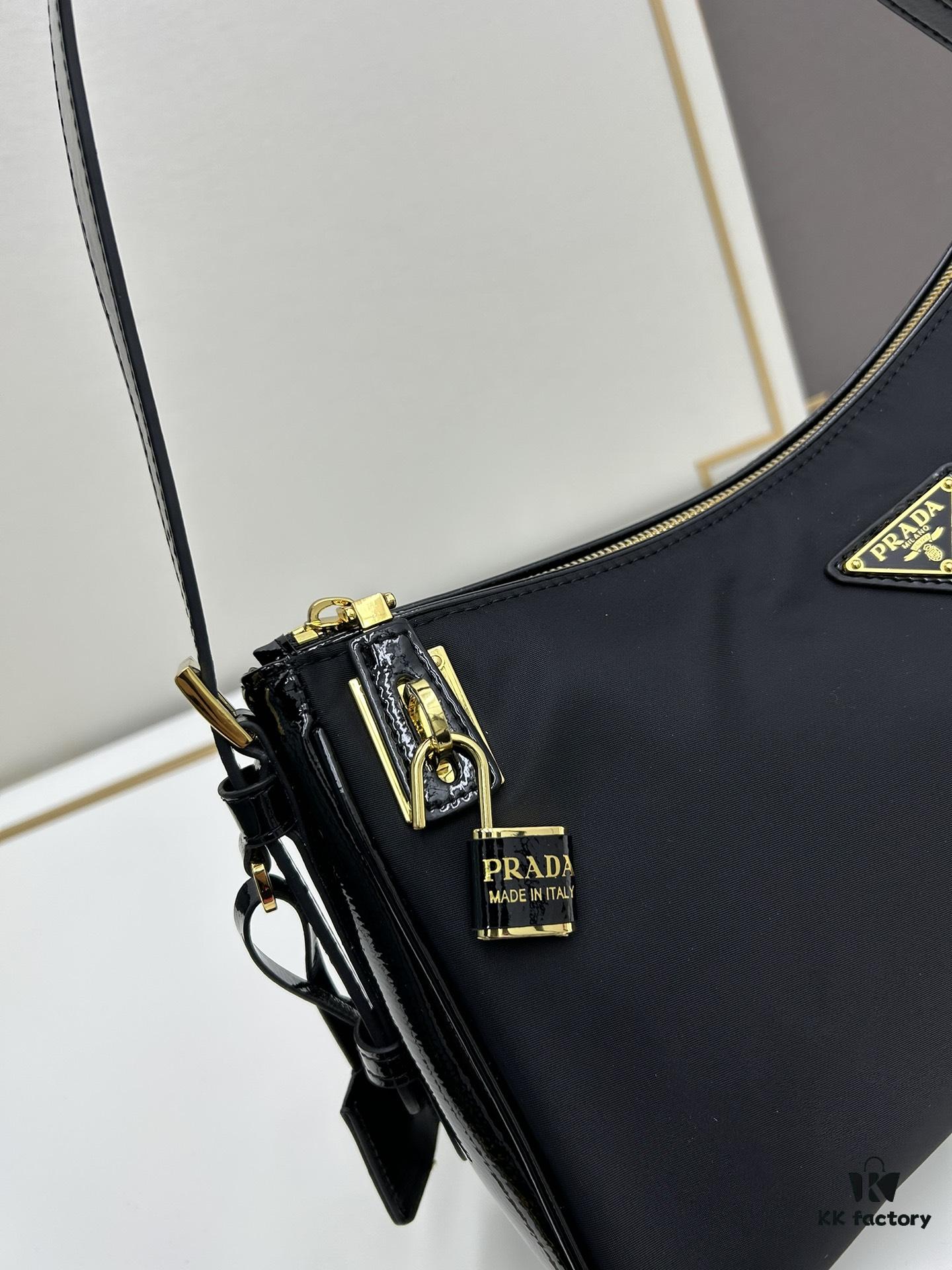 PRADA New Arrival Genuine Leather Crossbody Bag - Full Top-Grain Wrinkled Lacquer Cowhide & Suede, Enamel Triangle Logo, Adjustable Handle, Detachable Keychain
