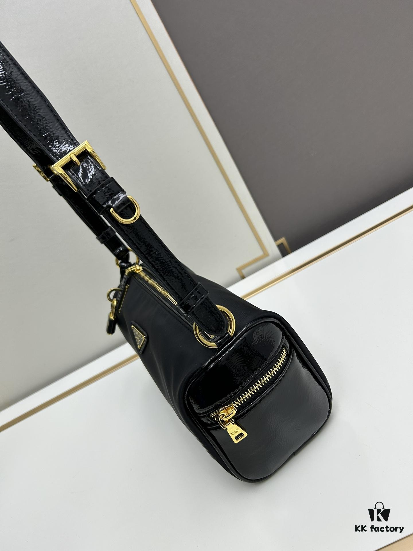 PRADA New Arrival Genuine Top-Grade Full Grain Wrinkled Lacquer Cowhide & Suede Shoulder Bag