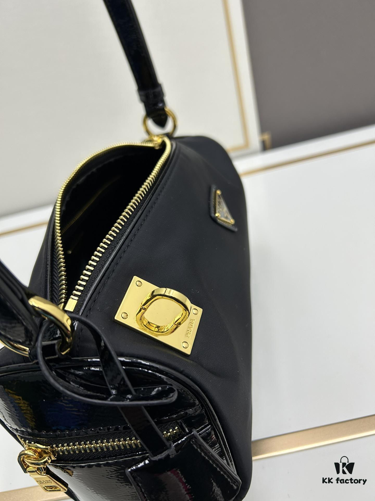 PRADA New Arrival Genuine Top-Grade Full Grain Wrinkled Lacquer Cowhide & Suede Shoulder Bag