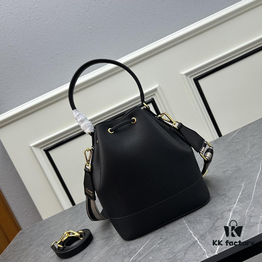 Prada New Arrival, Calfskin Leather with Pebbled Texture, Dual Shoulder Straps – One Leather Strap and One Colorful Woven Strap, Stylish and Versatile for Handheld or Crossbody Wear