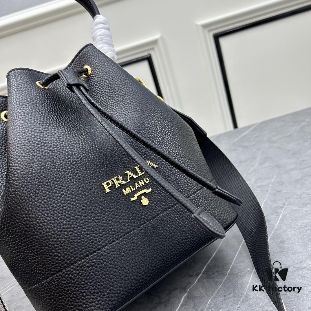 Prada New Arrival, Calfskin Leather with Pebbled Texture, Dual Shoulder Straps – One Leather Strap and One Colorful Woven Strap, Stylish and Versatile for Handheld or Crossbody Wear