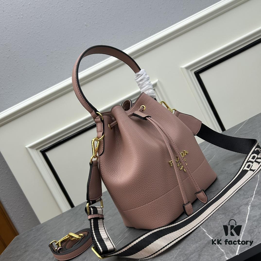 Prada New Arrival, Calfskin Leather with Lychee Texture, Comes with Two Straps - One Leather Strap and One Colorful Woven Strap for Stylish Versatility