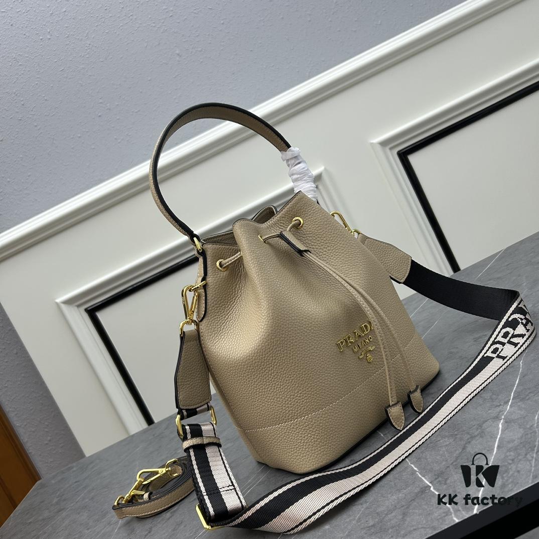 Prada New Arrival, Calfskin Leather with Pebbled Texture, Comes with Two Straps – One Leather Strap and One Colorful Woven Strap, Stylish and Versatile for Any Look