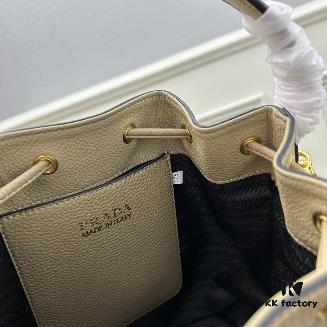 Prada New Arrival, Calfskin Leather with Pebbled Texture, Comes with Two Straps – One Leather Strap and One Colorful Woven Strap, Stylish and Versatile for Any Look