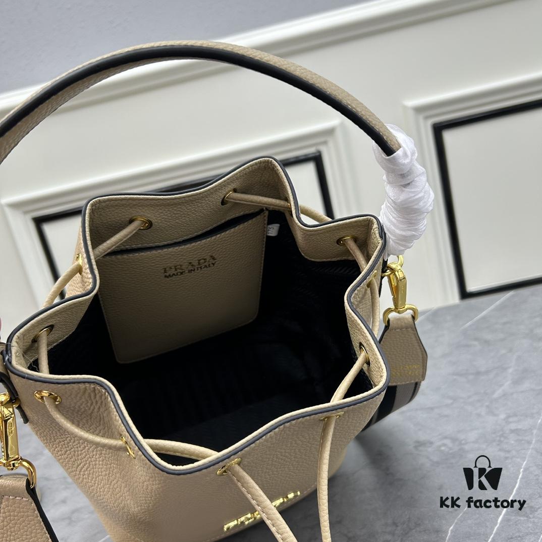 Prada New Arrival, Calfskin Leather with Pebbled Texture, Comes with Two Straps – One Leather Strap and One Colorful Woven Strap, Stylish and Versatile for Any Look