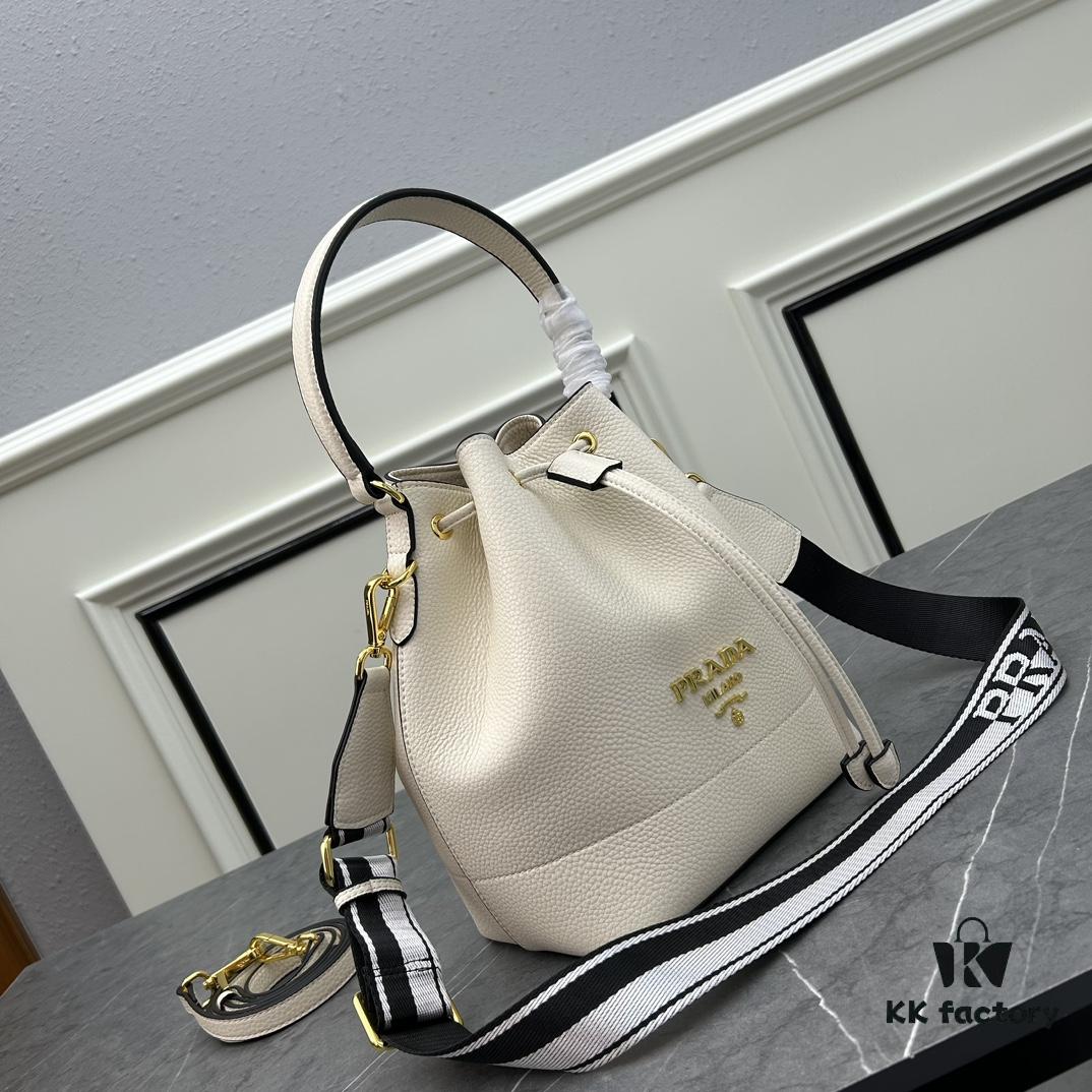 Prada New Arrival, Calfskin with Pebbled Texture, Dual Strap Design with Leather and Colorful Woven Strap, Stylish and Versatile Top Handle or Crossbody Bag