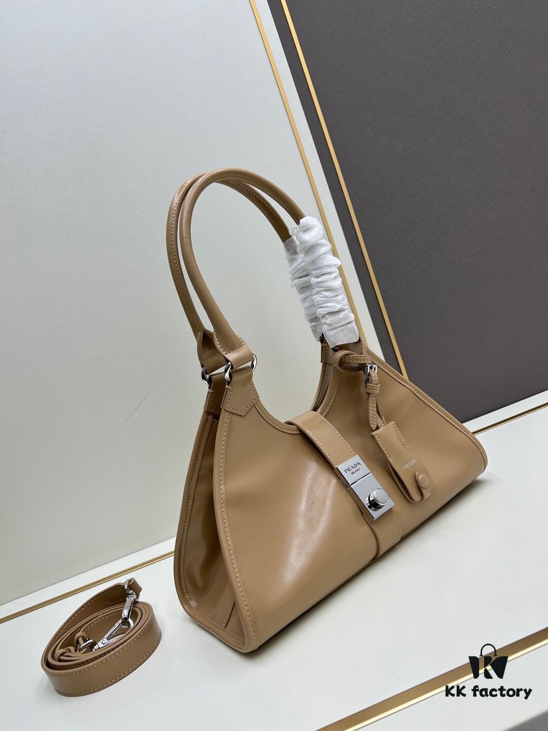 PRADA New Arrival Shoulder Bag (Full Leather Series) - Premium Top-Grain Oil-Waxed Calfskin, Adjustable Handle, Detachable Keychain, Zipper & Lock Closure