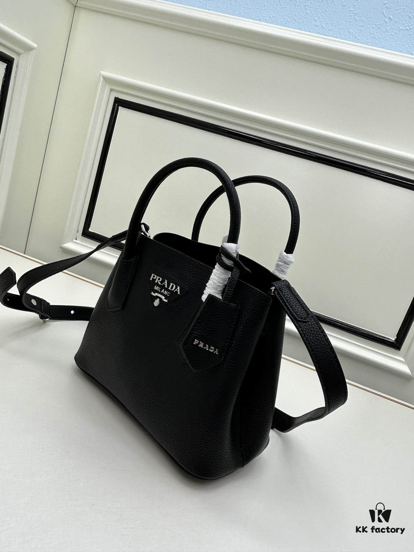 PRADA New Arrival Mini Double Bag - Smooth Crispy Calf Leather, Imported Textured Calfskin, Elegant and Minimalist Design with Iconic White Triangle Logo