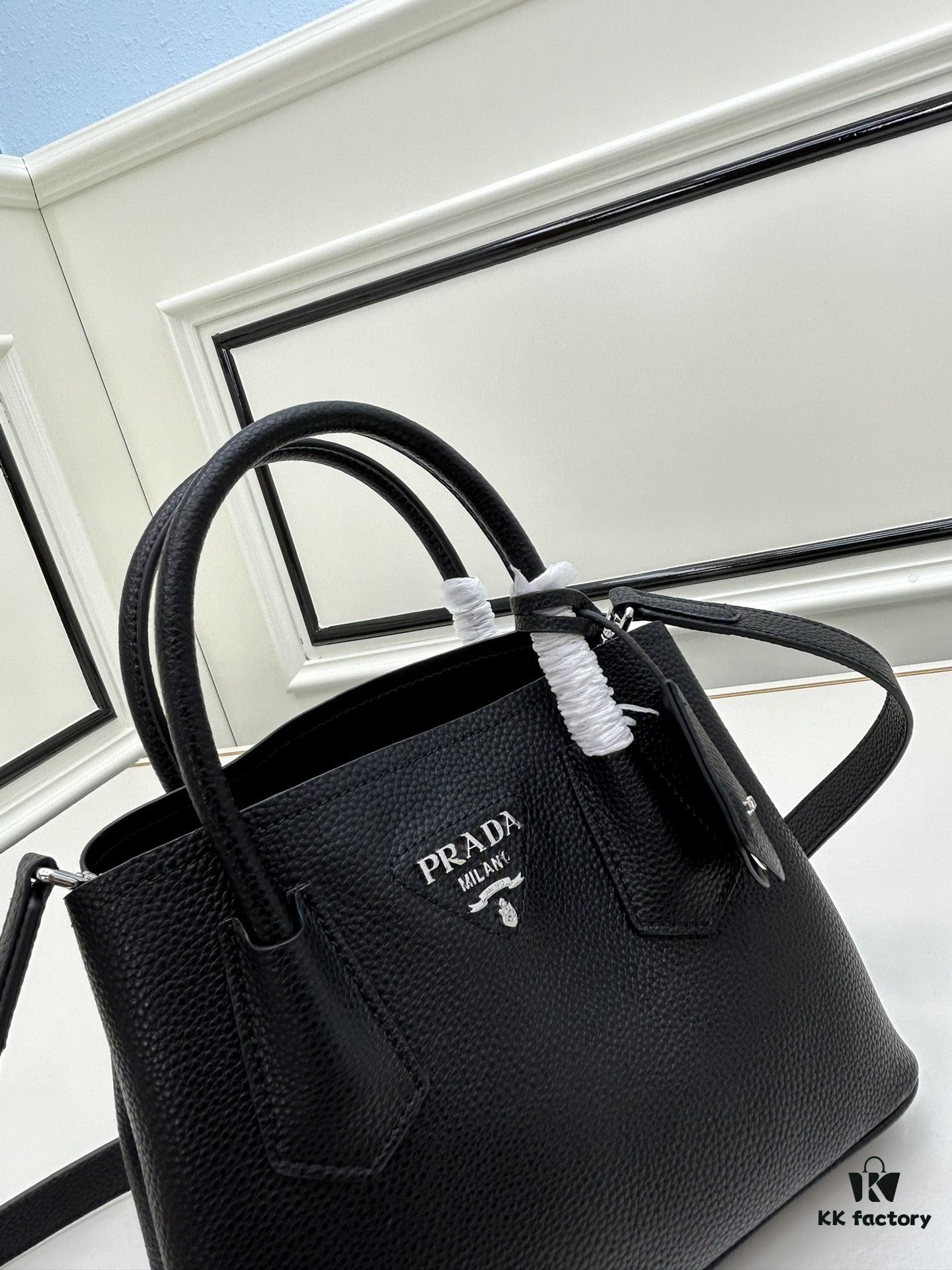 PRADA New Arrival Mini Double Bag - Smooth Crispy Calf Leather, Imported Textured Calfskin, Elegant and Minimalist Design with Iconic White Triangle Logo