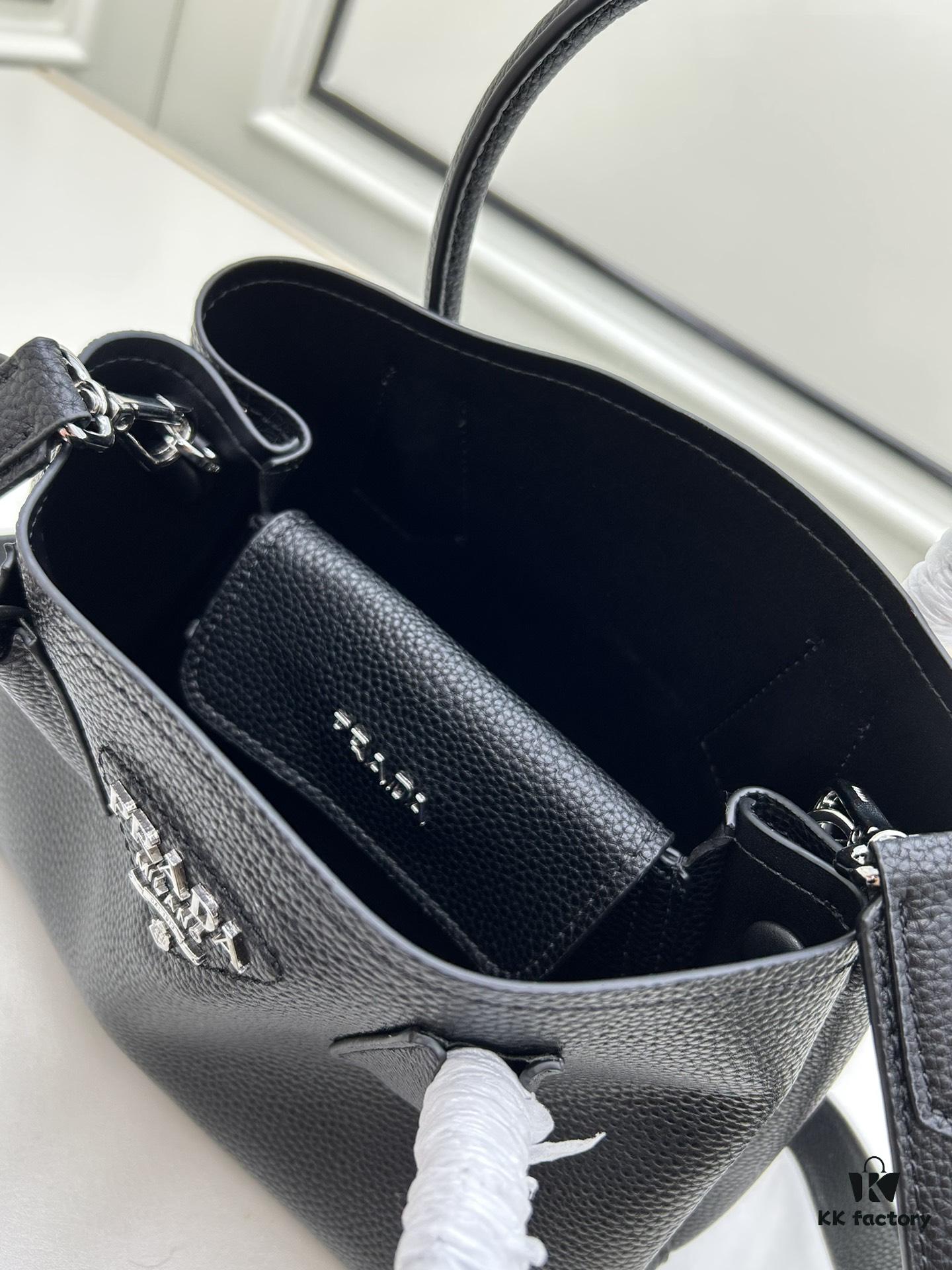 PRADA New Arrival Mini Double Bag - Smooth Crispy Calf Leather, Imported Textured Calfskin, Elegant and Minimalist Design with Iconic White Triangle Logo