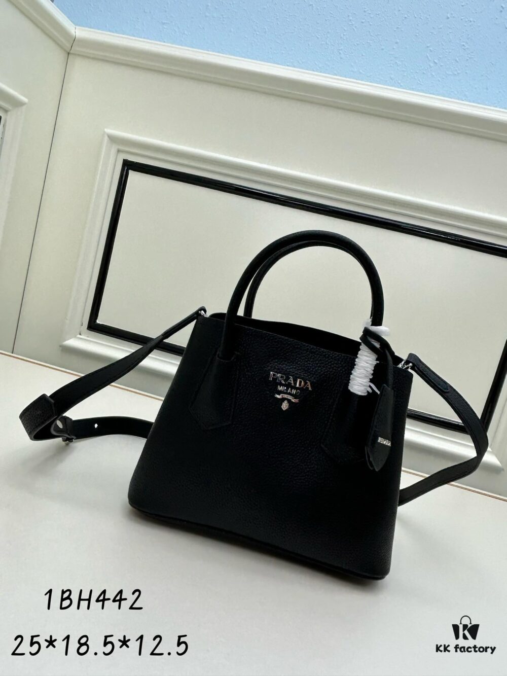 PRADA New Arrival Mini Double Bag - Smooth Crispy Calf Leather, Imported Textured Calfskin, Elegant and Minimalist Design with Iconic White Triangle Logo