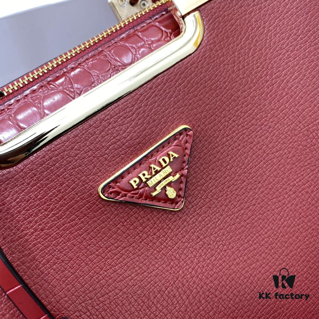 2020 New Arrival Prada-Style Handbag, Model 66152, Premium Cowhide with Shiny Crocodile Texture, Spacious Designer Tote