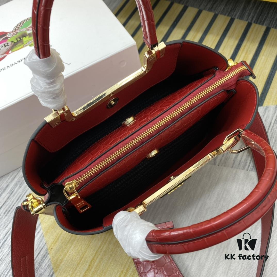 2020 New Arrival Prada-Style Handbag, Model 66152, Premium Cowhide with Shiny Crocodile Texture, Spacious Designer Tote