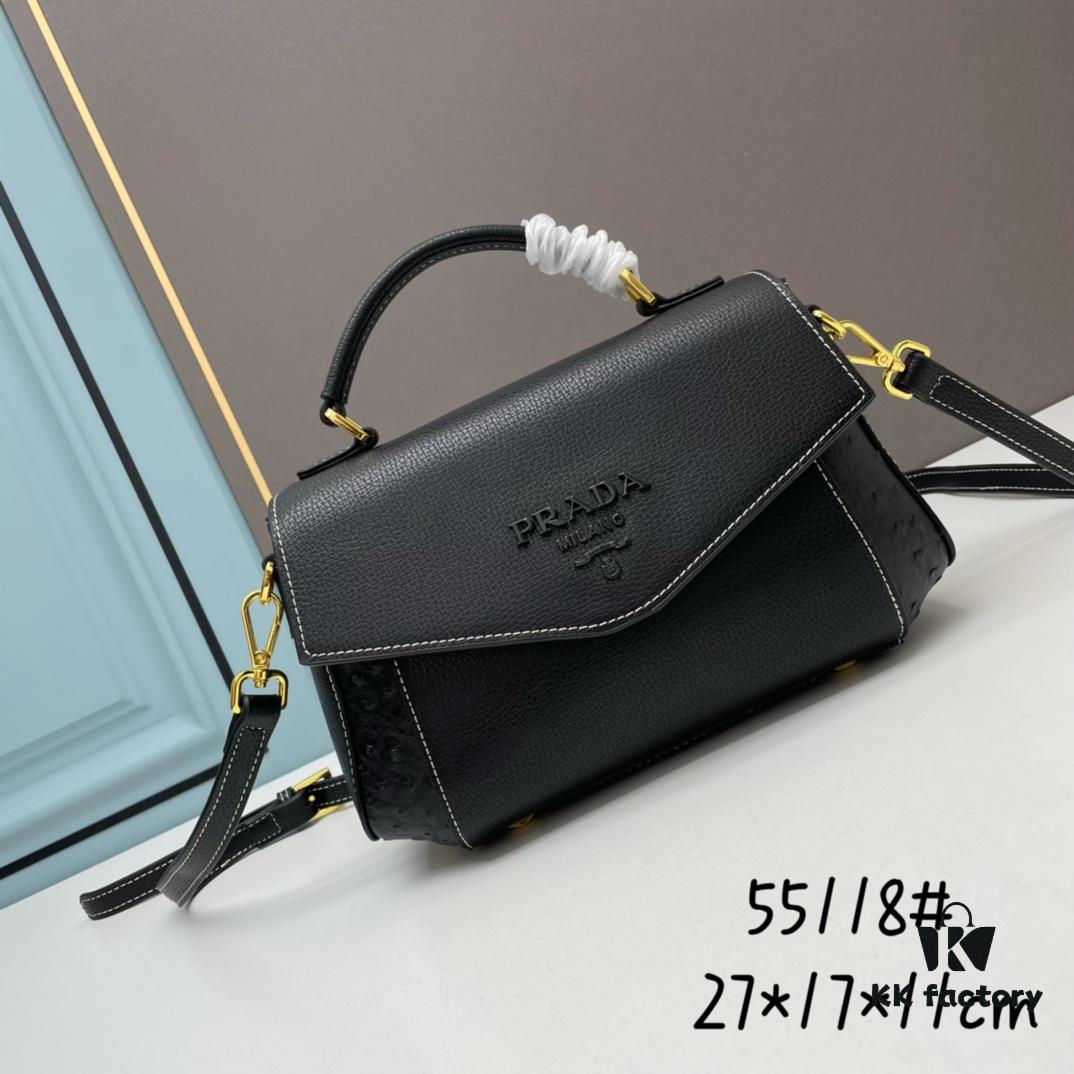 PRADA Fashion Head-Covering Bag in Deer Grain Leather with Ostrich Texture