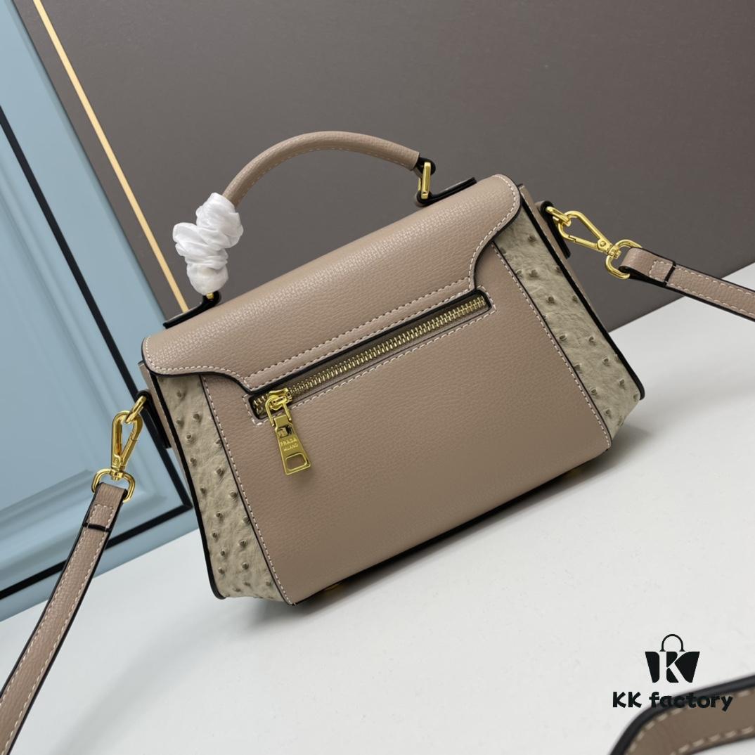 PRADA Fashion Head-Covering Bag, New Hot Style, Suede Calfskin with Ostrich Texture, Smooth Oil-Edging, Soft and Durable Leather, Includes Long Shoulder Strap