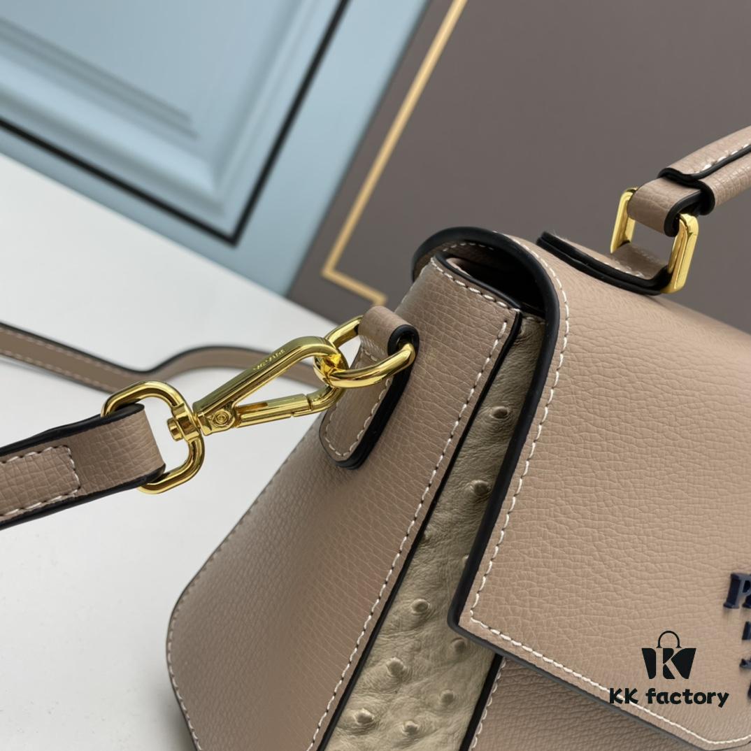 PRADA Fashion Head-Covering Bag, New Hot Style, Suede Calfskin with Ostrich Texture, Smooth Oil-Edging, Soft and Durable Leather, Includes Long Shoulder Strap