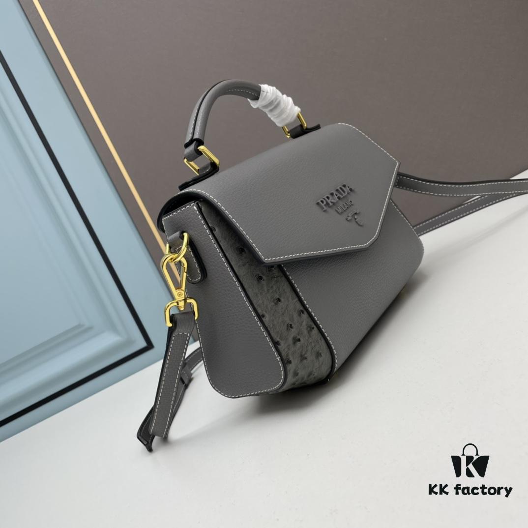 PRADA Fashion Head-Covering Bag in Deer Texture Calfskin with Ostrich Print