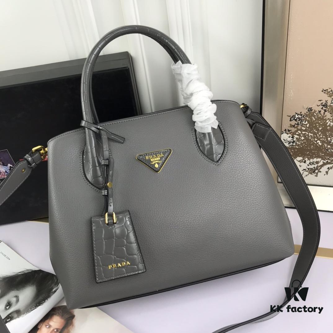 2020 New Arrival Prada-Style Handbag, Model 66153, Premium Calfskin with Glossy Crocodile Texture, Spacious Design with Interior Compartment