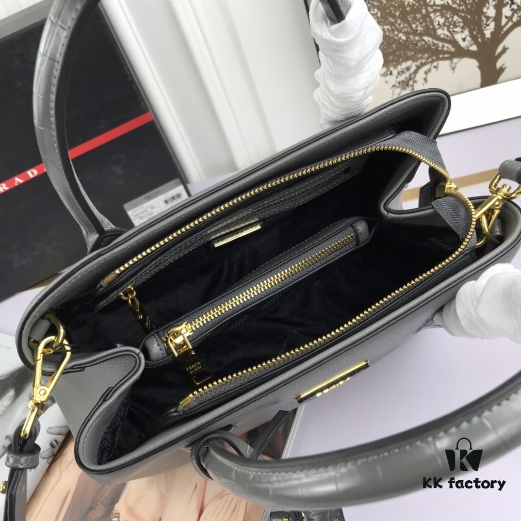 2020 New Arrival Prada-Style Handbag, Model 66153, Premium Calfskin with Glossy Crocodile Texture, Spacious Design with Interior Compartment