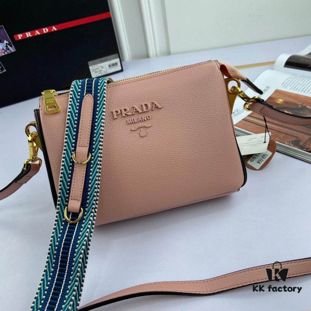 New Prada Flip Shoulder Crossbody Bag Model 66136 with Two Straps, Striped Strap and Genuine Leather Women's Handbag, 2019 Summer Fashion Shoulder Bag