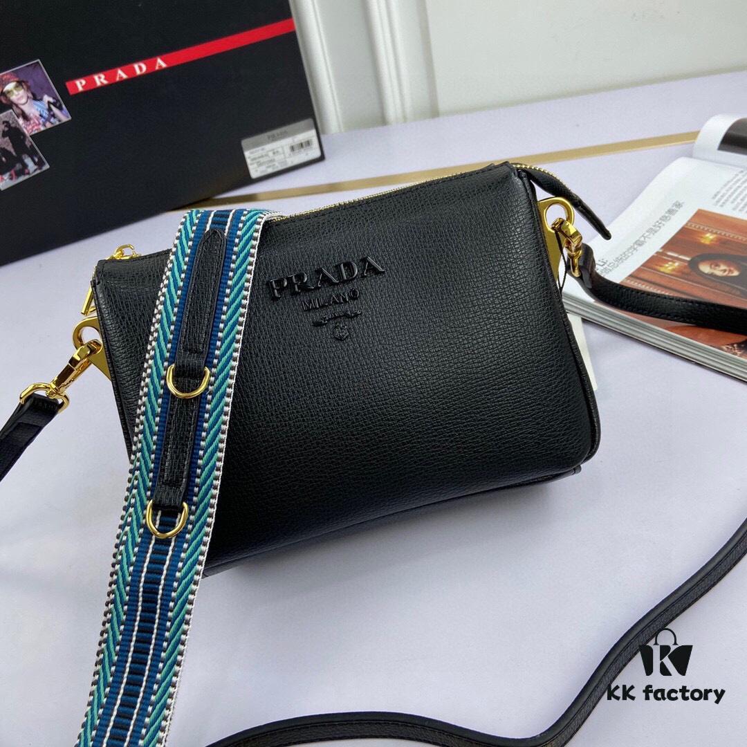 New Prada Flip Shoulder Crossbody Bag Model 66136 with Two Straps, Striped Strap and Genuine Leather Women's Handbag, 2019 Summer Fashion Shoulder Bag