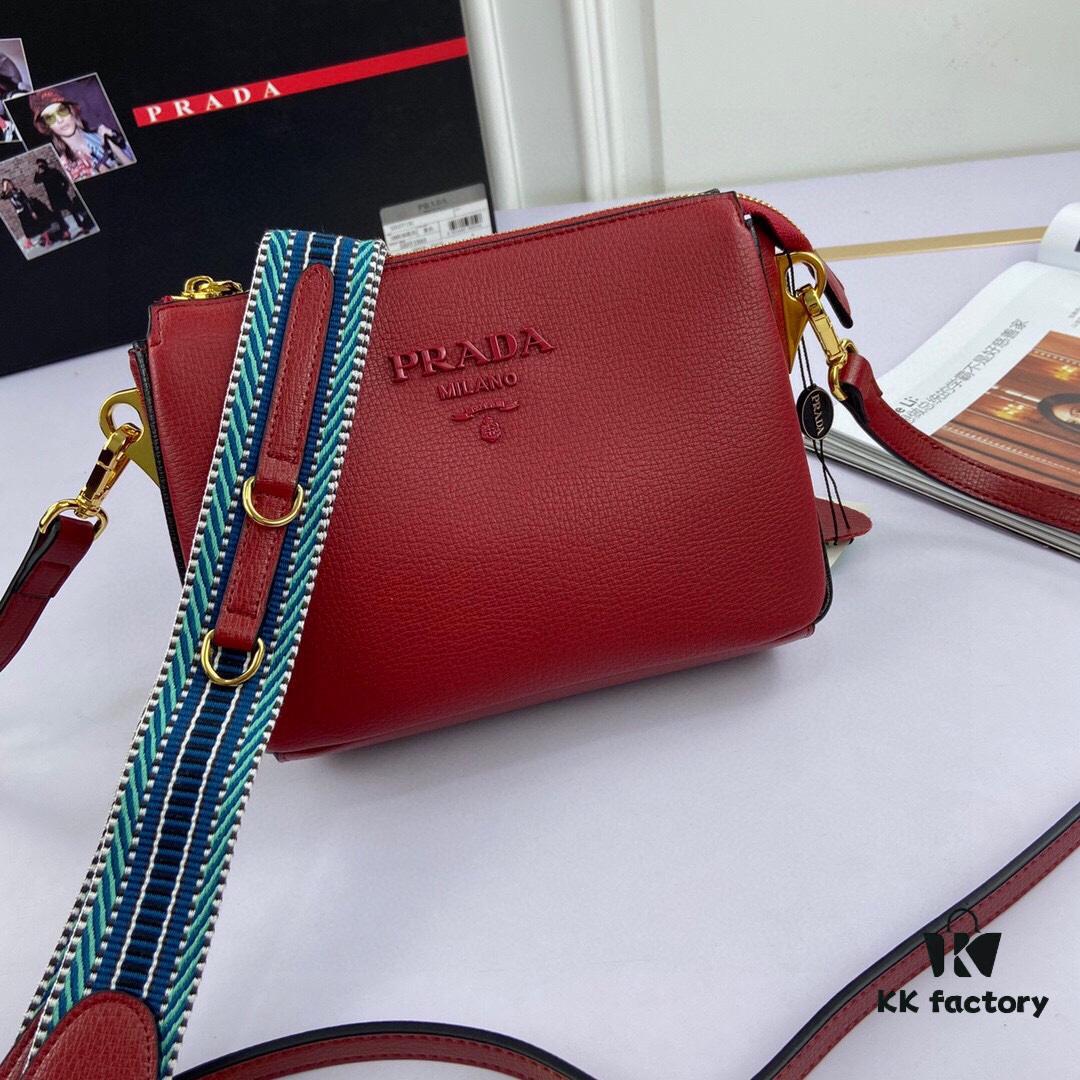 New Prada Flip Shoulder Crossbody Bag Model 66136 with Two Straps, Striped Strap and Genuine Leather Women's Handbag, 2019 Summer Fashion Shoulder Bag