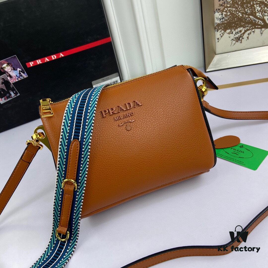New Prada Flip Shoulder Crossbody Bag Model 66136 with Two Straps, Striped Strap and Genuine Leather Women's Handbag, 2019 Summer Fashion Shoulder Bag