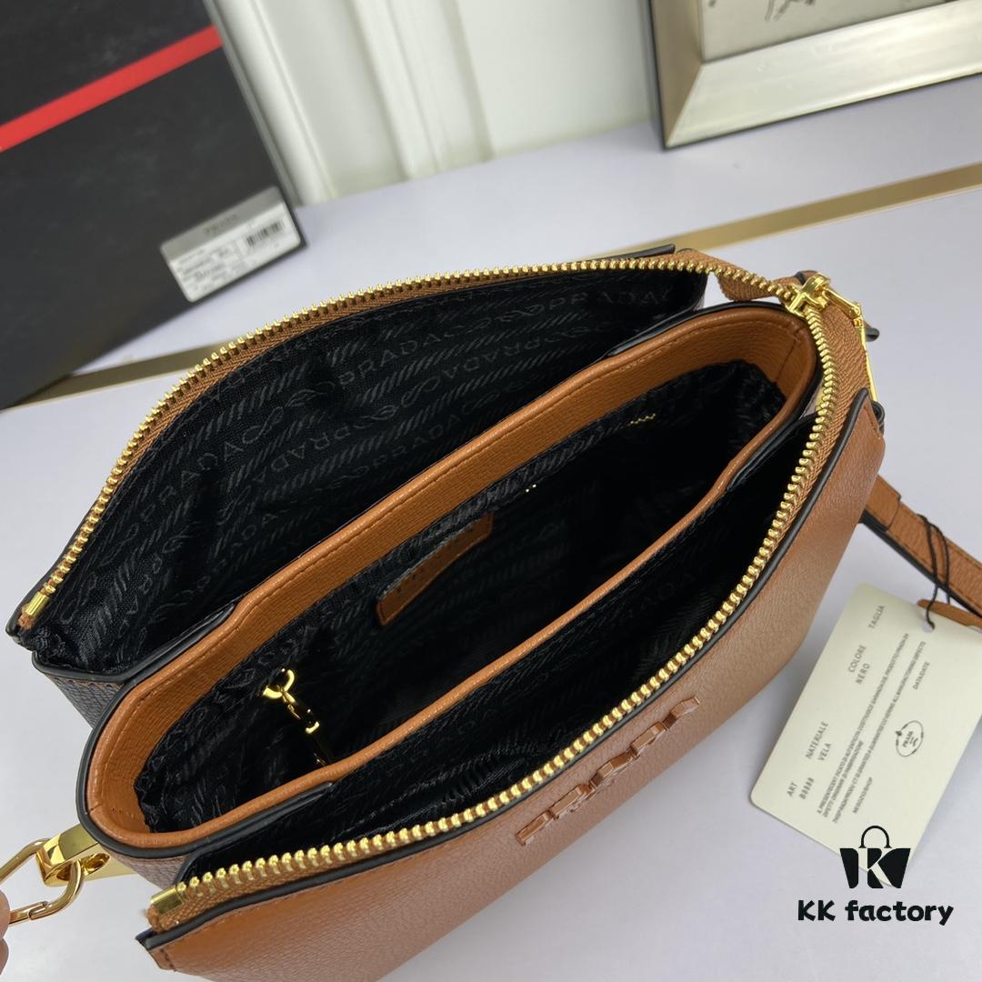 New Prada Flip Shoulder Crossbody Bag Model 66136 with Two Straps, Striped Strap Genuine Leather Handbag, 2019 Summer Fashion Women's Bag