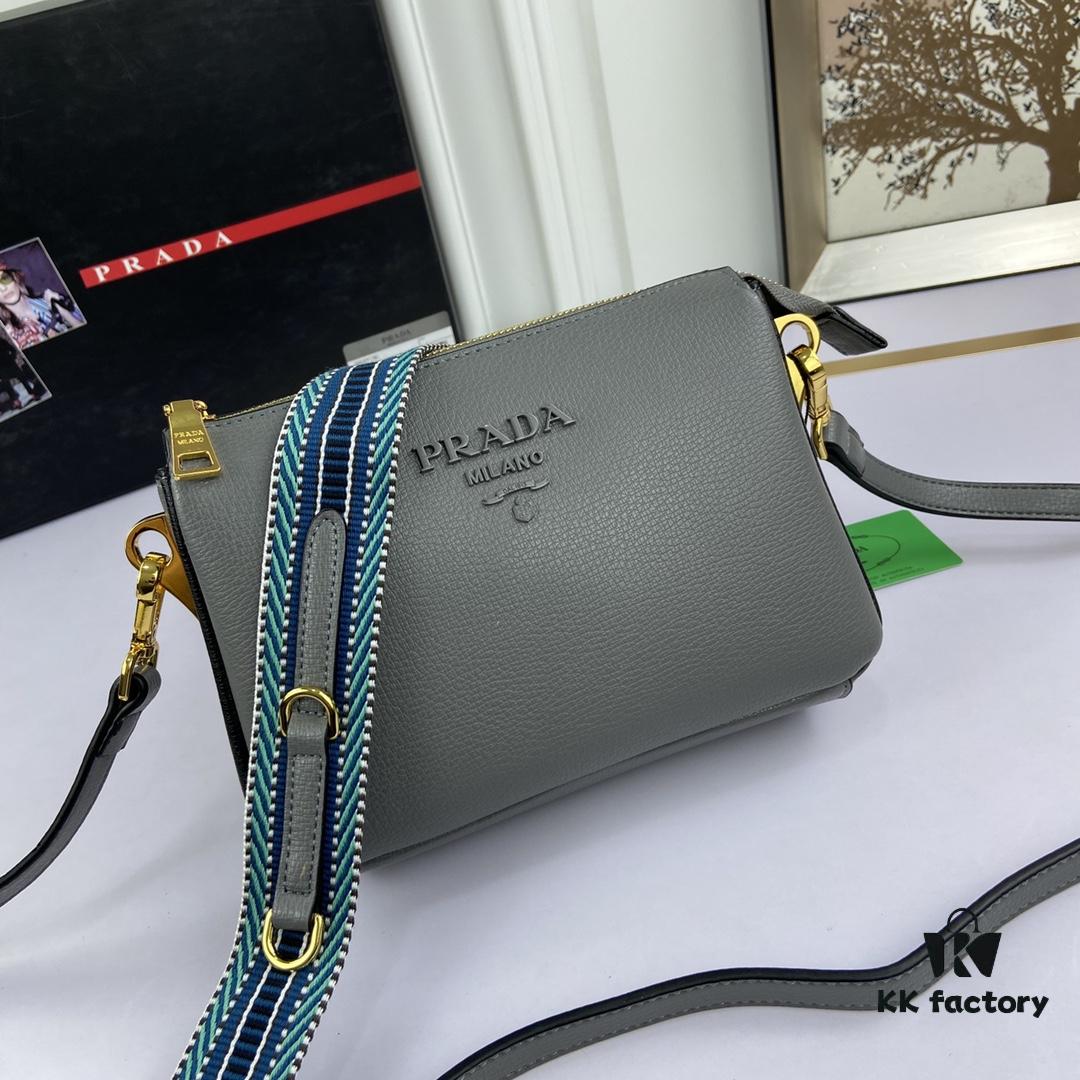 New Prada Flip Shoulder Crossbody Bag Model 66136 with Two Straps, Striped Strap Genuine Leather Handbag, 2019 Summer Fashion Women's Bag