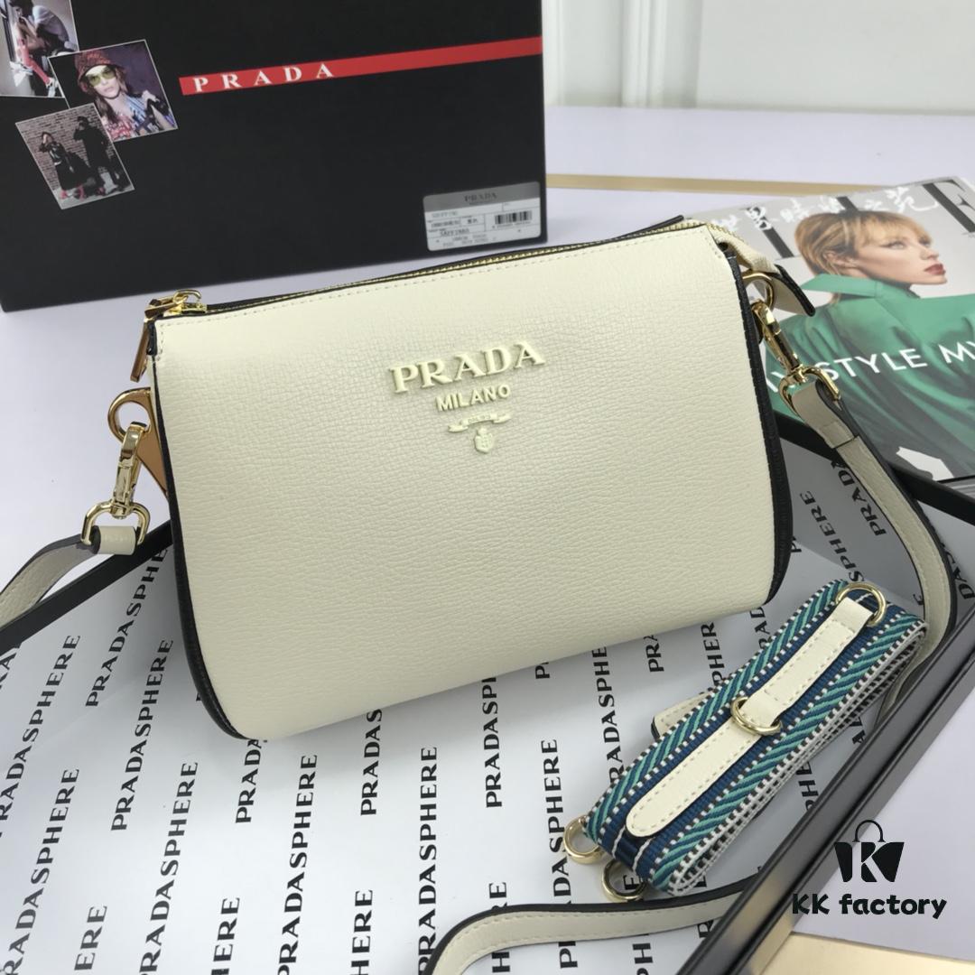 New Prada Flip Shoulder Crossbody Bag Model 66136 with Dual Straps, 2019 Summer New Fashion Women's Bag, Striped Strap Genuine Leather Handbag, 3 Compartments, Size 21-15-9cm