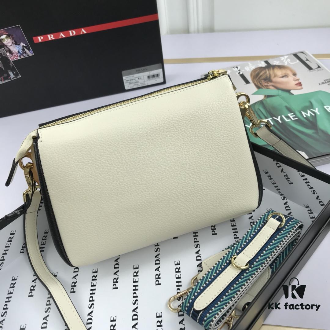 New Prada Flip Shoulder Crossbody Bag Model 66136 with Dual Straps, 2019 Summer New Fashion Women's Bag, Striped Strap Genuine Leather Handbag, 3 Compartments, Size 21-15-9cm