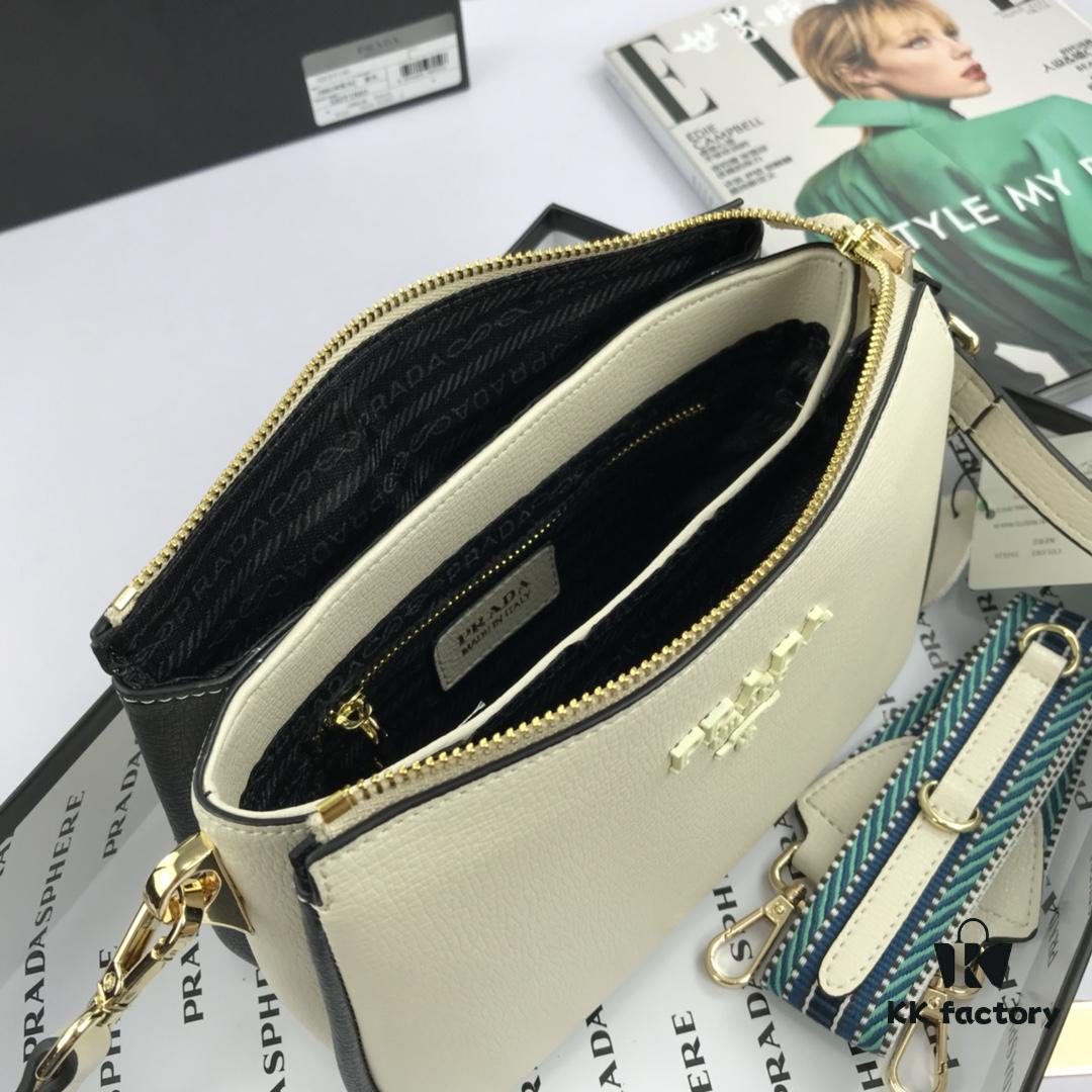 New Prada Flip Shoulder Crossbody Bag Model 66136 with Dual Straps, 2019 Summer New Fashion Women's Bag, Striped Strap Genuine Leather Handbag, 3 Compartments, Size 21-15-9cm