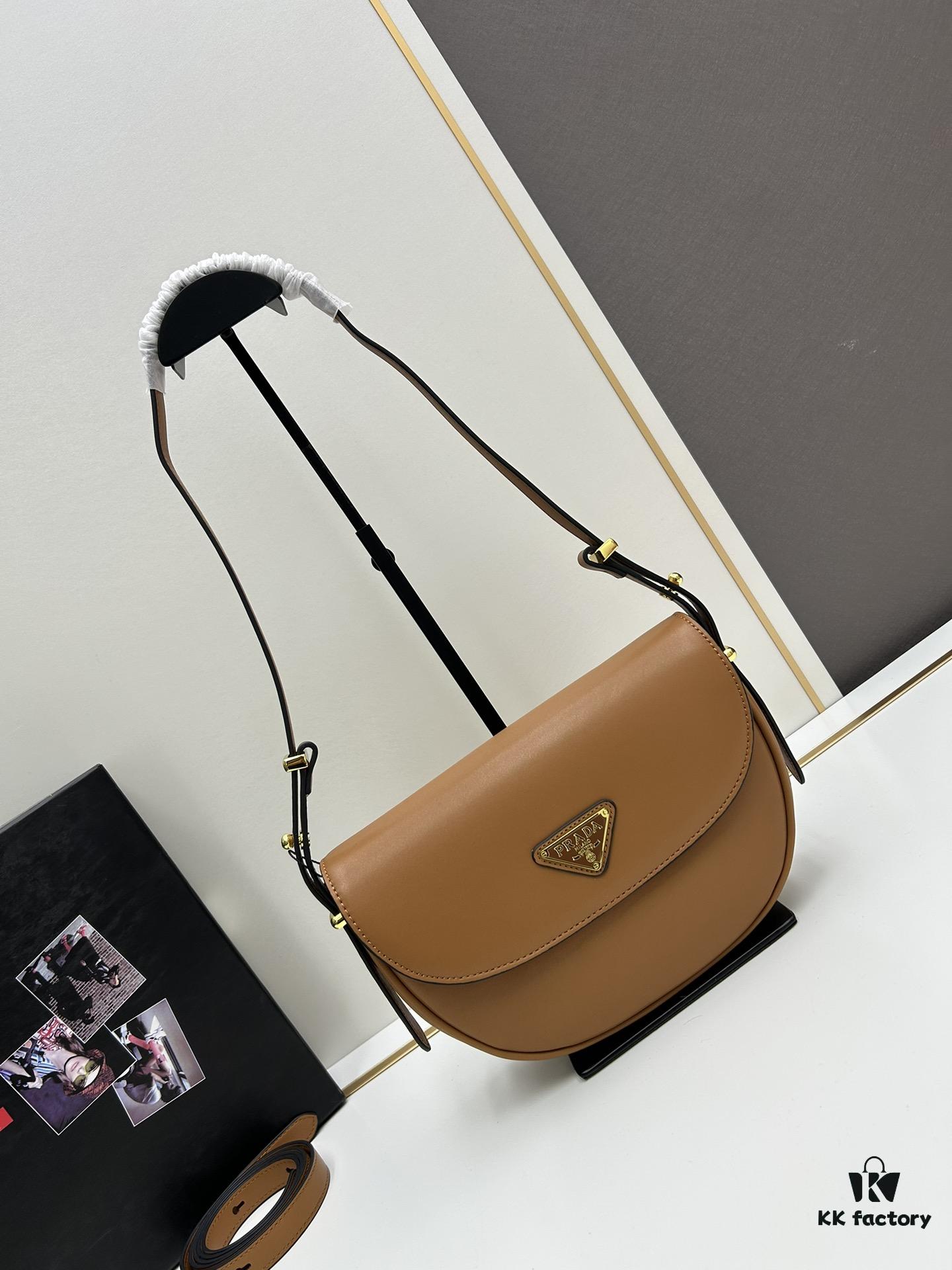 Prada Classic Leather Crossbody Bag with Metal Logo for Women, Arqué Collection, Includes Box